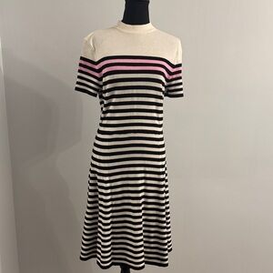 Elle Black and White Striped Midi Dress with Pink Detail